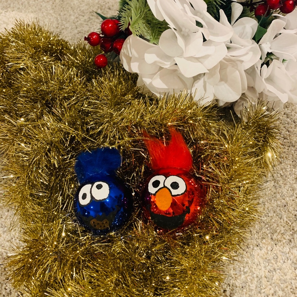 Handmade Cookie Monster and Elmo Ornaments